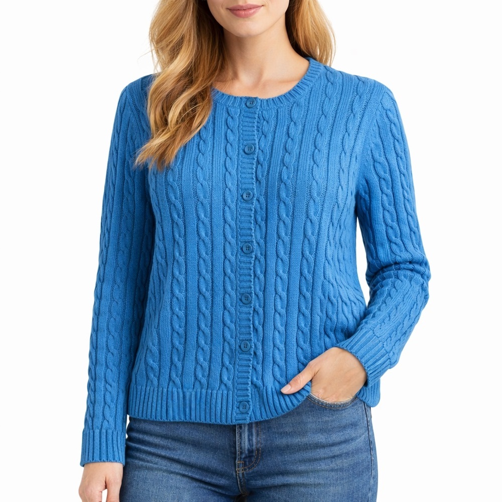 L.L. Bean Cable Knit Cardigan Sweater Blue 100% Cotton Button Front M